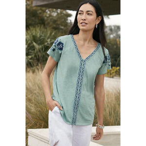 J Jill Womens T Shirt L Cotton Heather Turquoise V Neck Embroidery Short Sleeve